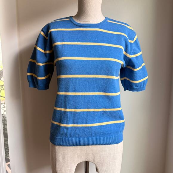 Talbots Vintage Striped Cotton Sweater Blue Yellow Short Sleeve Small - Picture 2 of 6